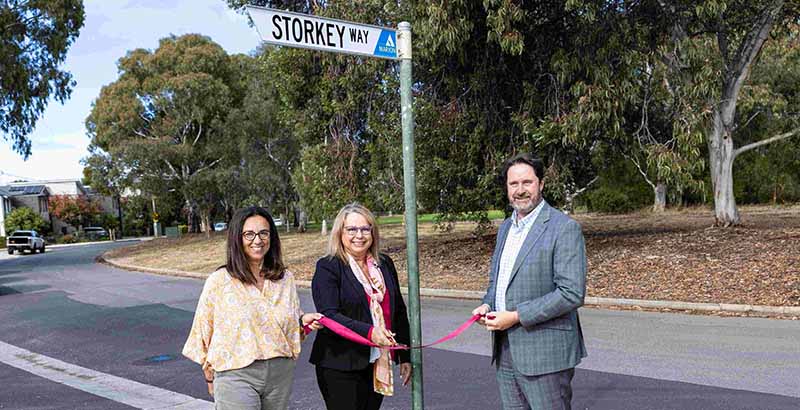 Standing in the corner of Storkey Way Morphettville, Left to Right: Mary Patetsos AM, Presiding Member, SA Housing Trust Board, Gary's wife Lana, Michael Buchan